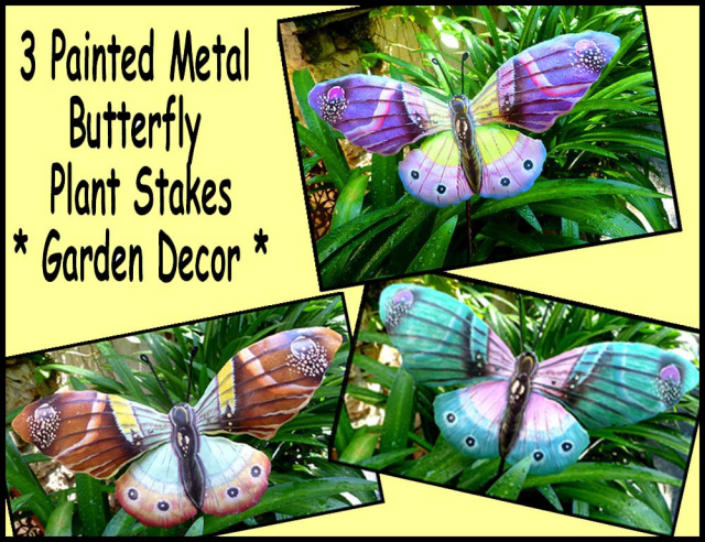 Garden Plant Stakes, 3 Painted Metal Butterflies, Outdoor Garden Decor, Yard Art
